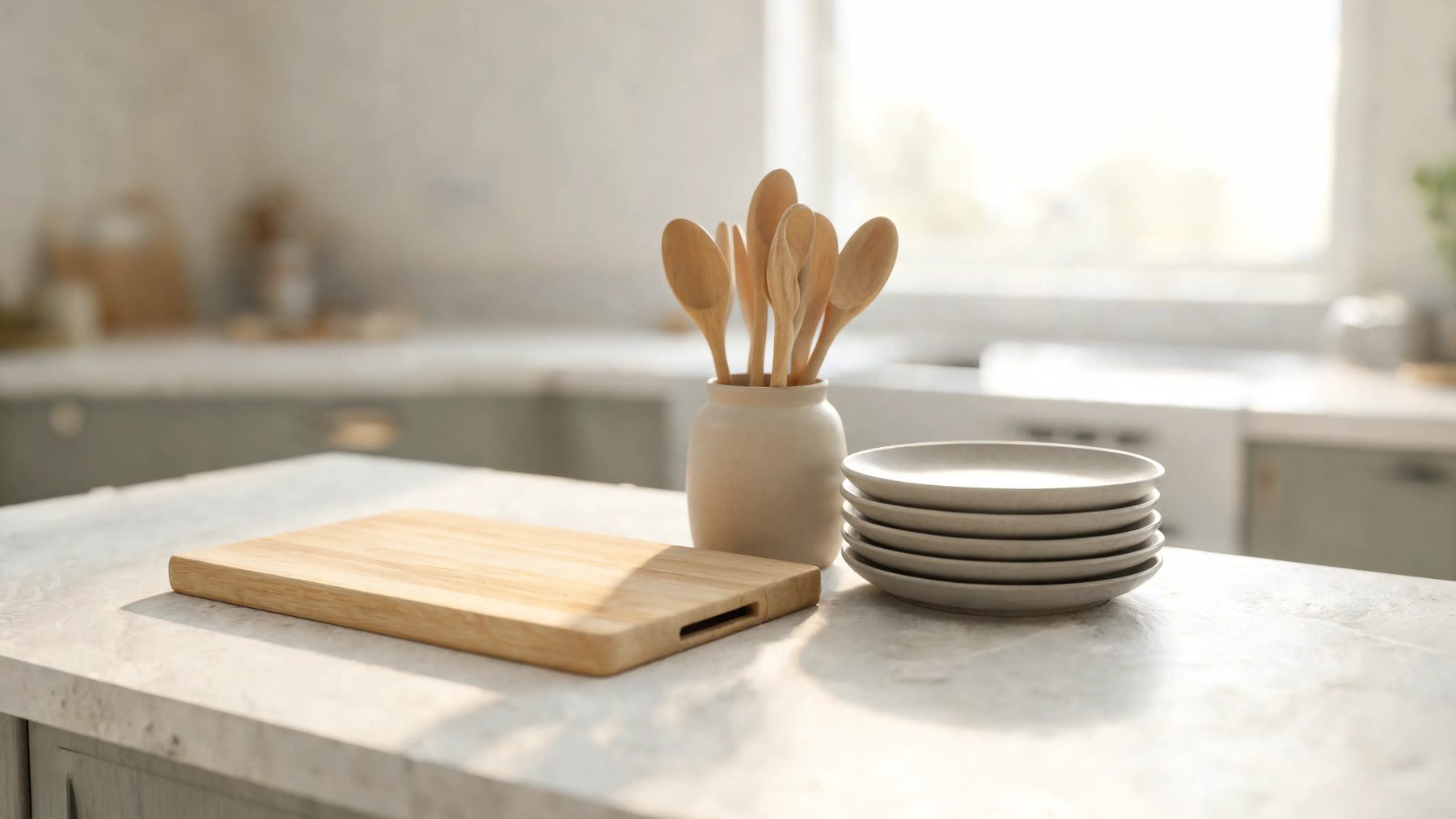 Kitchen bench with a cutting board, a crock of spoons and stacked plates